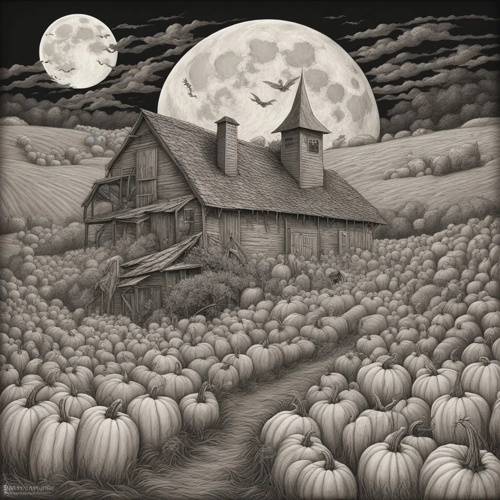 Sinister Jack-o-Lantern cryptids in a herd climbing over rickety barn, nighttime harvest moon, expansive silverpoint illustration surreal horror masterpiece; dramatic; stygian cornfield farm, deep red-black-orange colors.