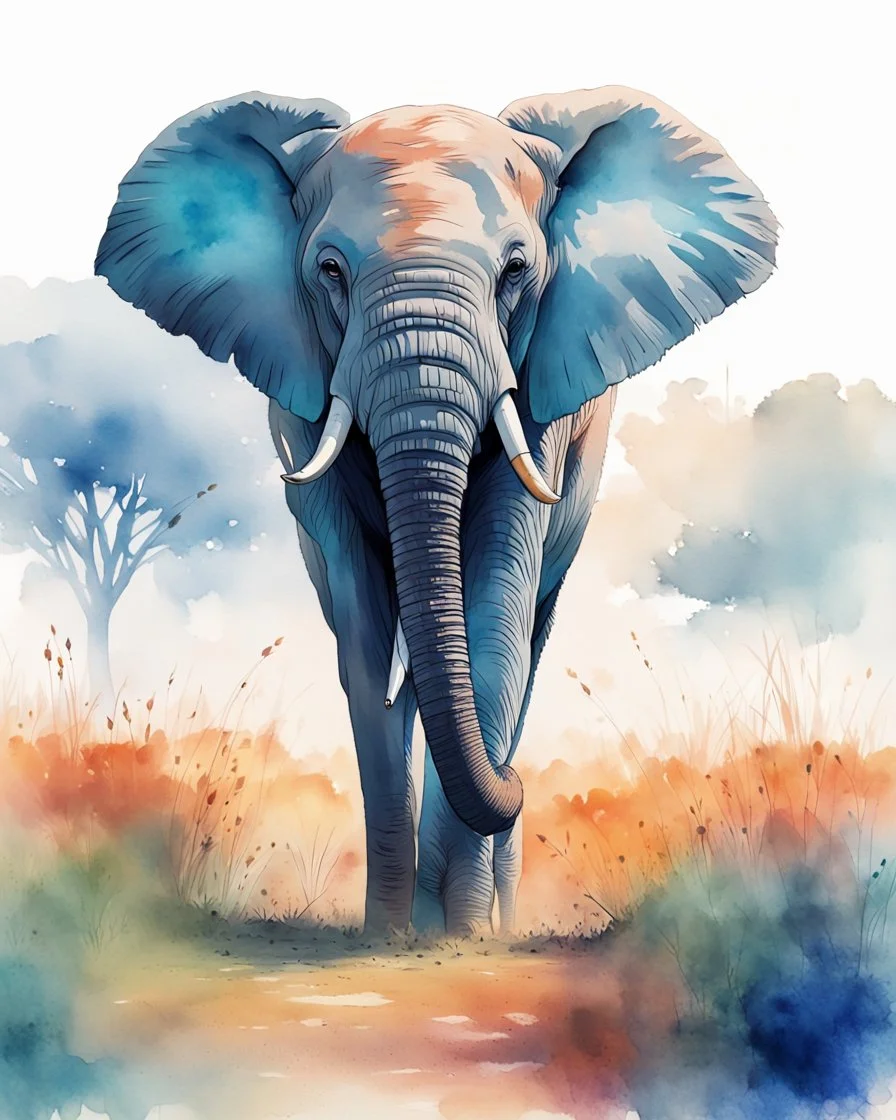 a large female elephant and her cuddling calf walking across a grass covered field, front view, low angle, strolling dynamics, perfect anatomy, slow-mo running in savanna, Africa, watercolor, tint leak, hazy, colors of blue, indigo, teal and orange