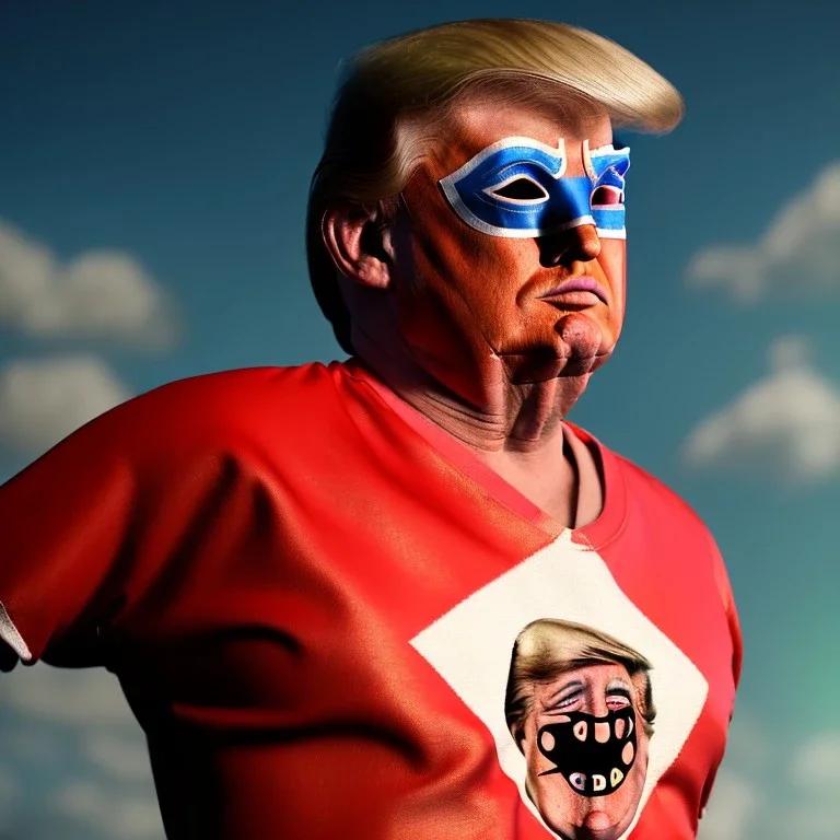 realistic image of donald trump as a mexican wrestling fighter posing, Mexican eyes wrestling mask, red blue dress, retro style, 80s, vibrant color, highly detailed, sky background, concept art, unreal engine 5, god rays, ray tracing, RTX, lumen lighting, ultra detail, volumetric lighting, 3d, finely drawn, high definition, high resolution.