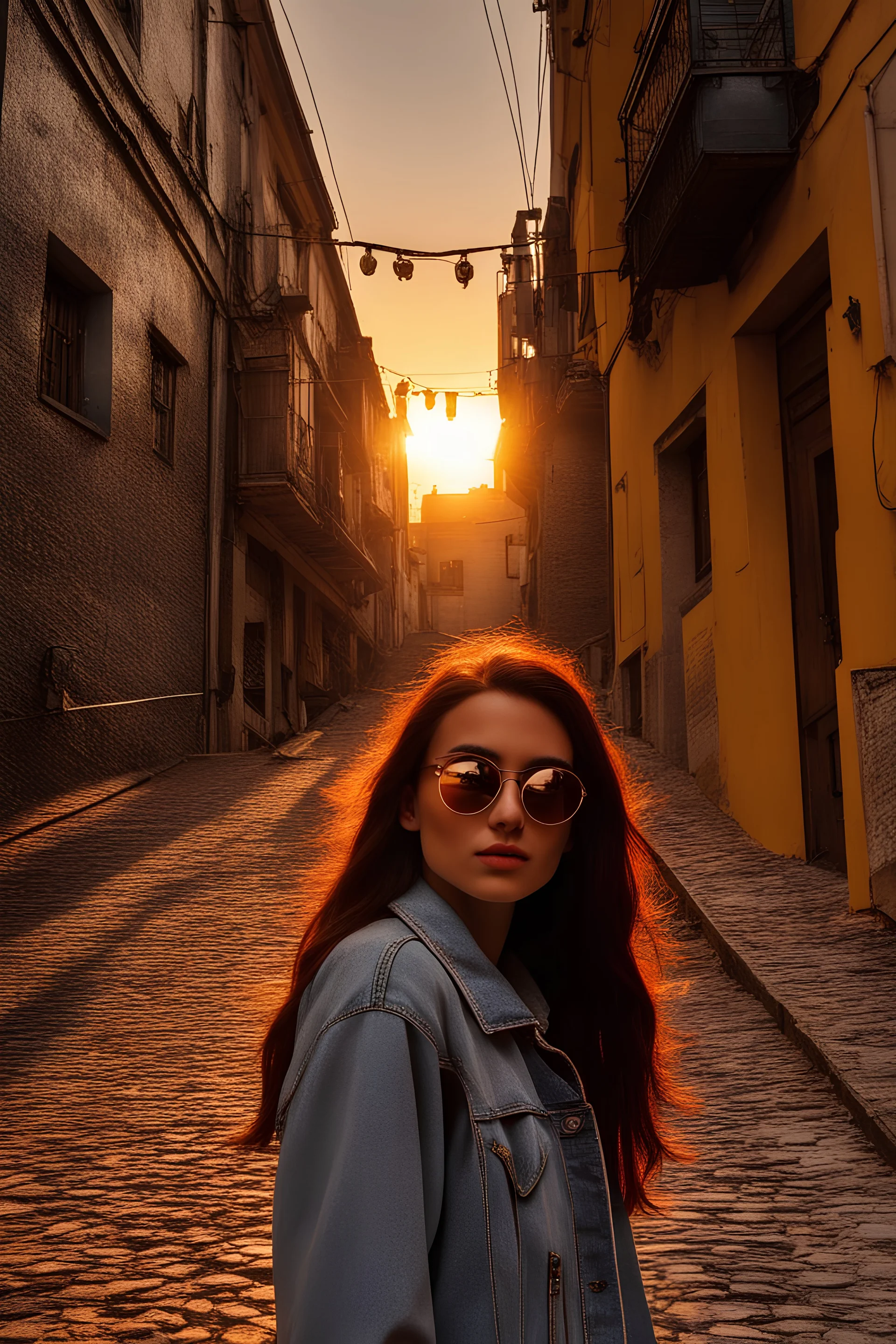 A selfie of a brunette student in a back alley in Istanbul at sunset wearing her own makeup, reflecting the sun in her sunglasses.