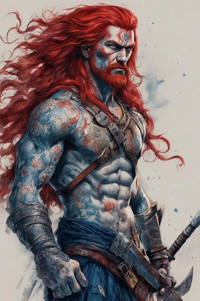 character concept illustration of a lean, long red haired, blue tattooed Pict warrior, , maximalist, sharp focus, highest resolution, in the styles of Denis Forkas , and Masahiro Ito, boldly inked, 8k, coarse, gritty textures