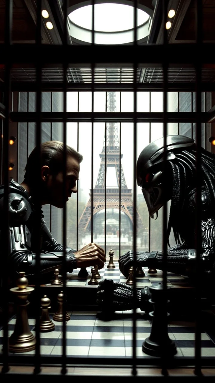 Arnold of the movie the terminator playing chess with the alien predator in a cage in Paris
