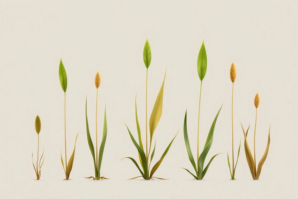 concept art of six low poly stylized alien dry single leaf tall grass on a neutral background. Strange fictional extraterrestrial flora with unusual shapes