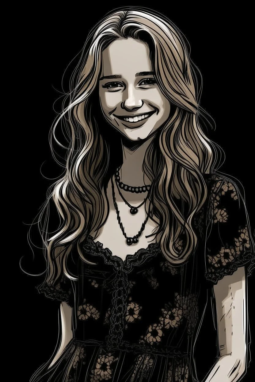 A girl in her late twenties, with slightly sharp features, long blond hair and hazel eyes with a happy smirk, wearing a Chanel dress, with a rustic look, sketch, on a black background