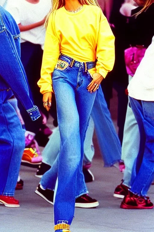 year 1996 denim fashion. Loose fit, low waist, baggy. Colors: denim blue, blue, purple, khaki, light green, lilac, plum, orange, terracotta, red, light yellow, lion yellow, pink, dark blue, beige. Women models. Jennifer Lopez, Kate Moss, Gwyneth Paltrow. Big tennis shoes on.