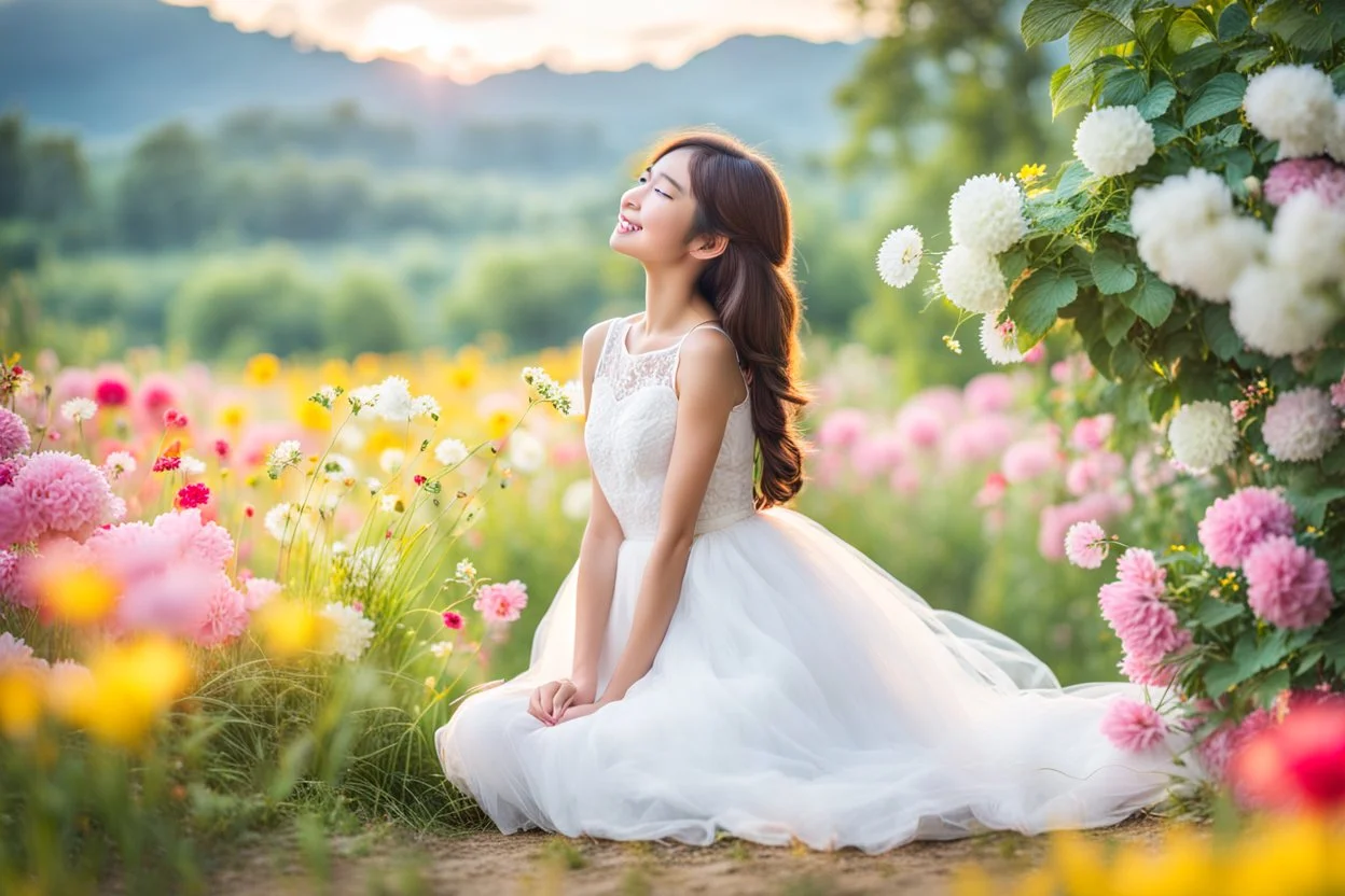 romantic environment heaven flowers clear nice clouds ,young girl gracefully whispering her lovely joy,full body shot.