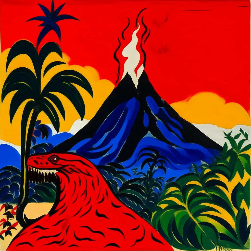A red volcano with a fiery basilisk painted by Henri Matisse