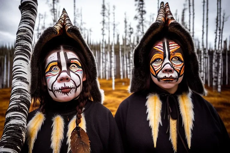 Northern Native people, indigenous, birch-bark-face-cover, Kekripukki, Scary Horns, Midwinter, Ghost, Mystic, Haunted Children, Witch, Wizard, Sage, Traditional Costumes, Full Face Painted colorfully. Arctic Hills, Strange Forest, Haunting Atmosphere, Crazy, North-Carelia, Karelia, Karjala, Karjalainen, traditional Carelian costumes, itku, black tears