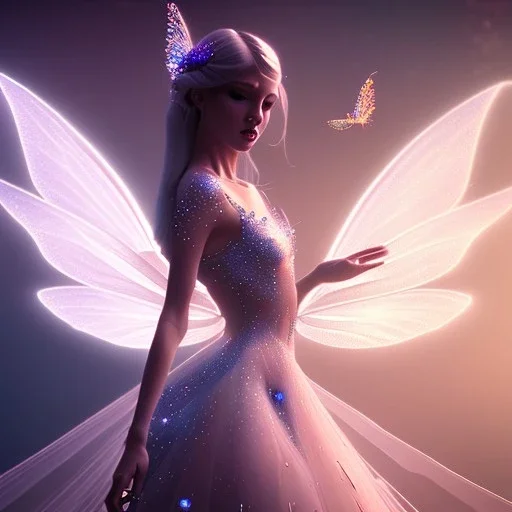 beautiful fairy in a galactic ambiance, transparent wings, delicate colors, finely tuned detail, ultra high definition, 8 k, unreal engine 5, ultra sharp focus