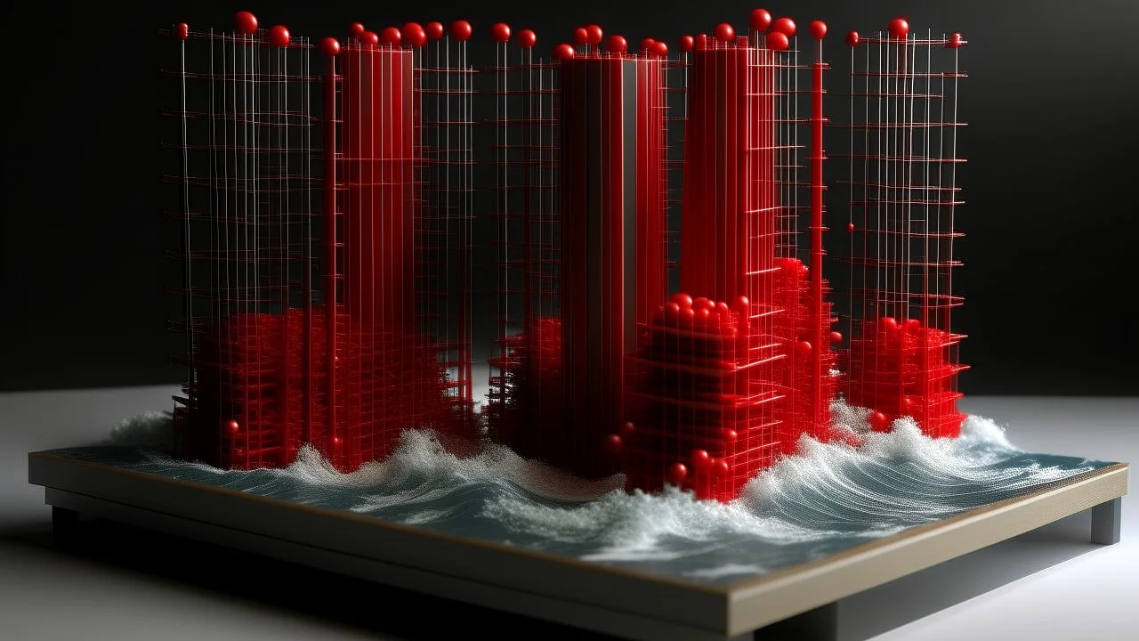 Architectural model of a turbulent sea during a storm, with vertical reinforced concrete poles supporting modular cubicles and red spheres.
