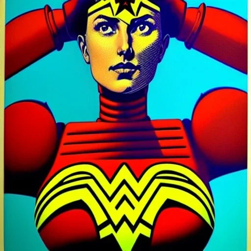 a vibrant ultraclear sideview waist up portrait of the wonder woman robot by rene magritte and laurie greasley, etching by gustave dore, colorful flat surreal, ethereal, intricate, sharp focus, illustration, highly detailed, digital painting, concept art, masterpiece