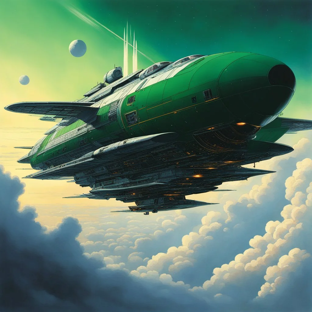 [art by Moebius] A dark green spaceship with two large engines on the sides is flying through clouds. It has a triangular shape and looks like it could be from Star Wars or Blade Runner. It's leaving behind a long trail of light as its engine fires off on one side. A planet can be seen far away above the ship. Photorealistic in the style of concept art.