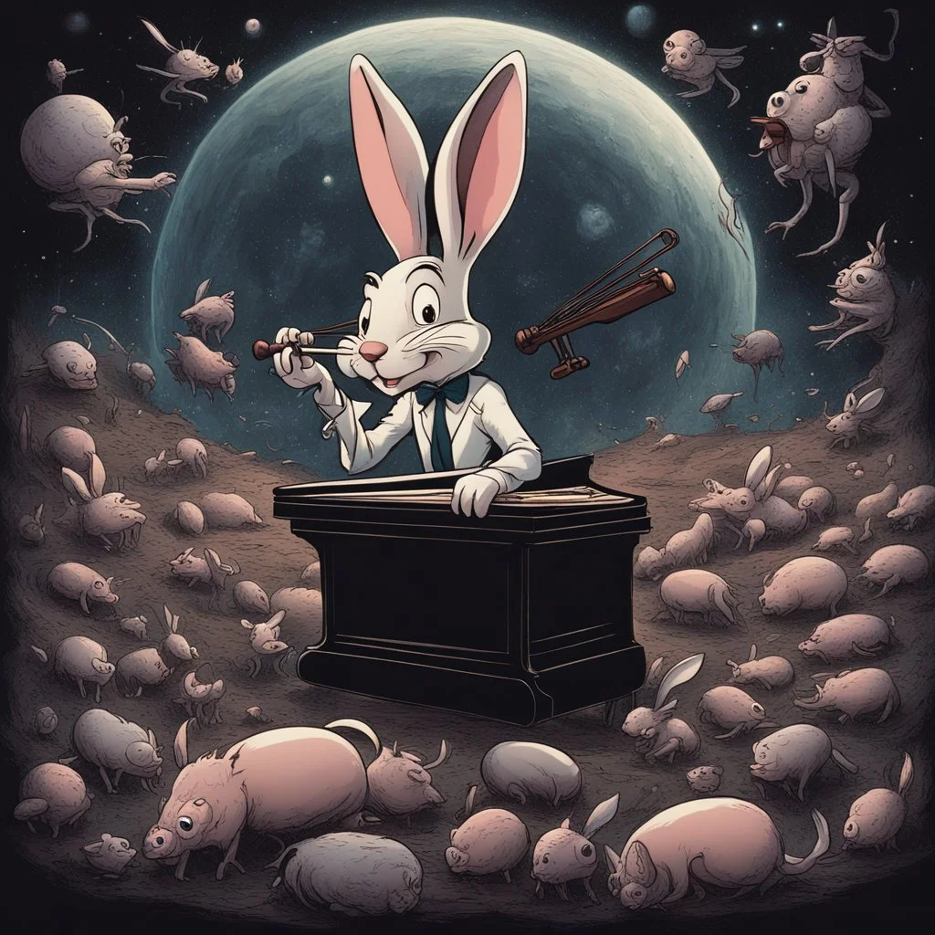 dark colours bugs bunny being a composer piano violin and is surrounded by swarm pig pig swinewasp swine pigpen pigsty on an diffrent planet cosmos lovecraft