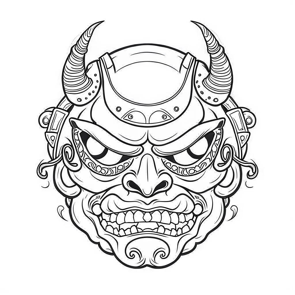 White, minimalis line art , oni mask japanes funny fat, vector, white background, outline, with images neatly contained within the background, just black and white color,