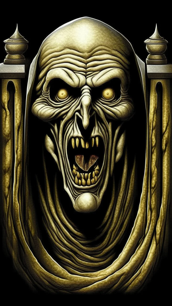 The mummy all in white laying in his death chamber Howling in Bosch painting style