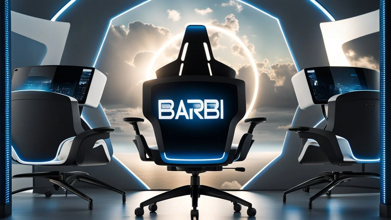 photo from a black producer chair siluette in a futuristic cybertech studio, around many monitors and circle windows to the sky, the inscription capture word text on the back of the chair "Barbi", Professional photography, bokeh, natural and blue-white lighting, perfect shot, sharp focus, professional photo