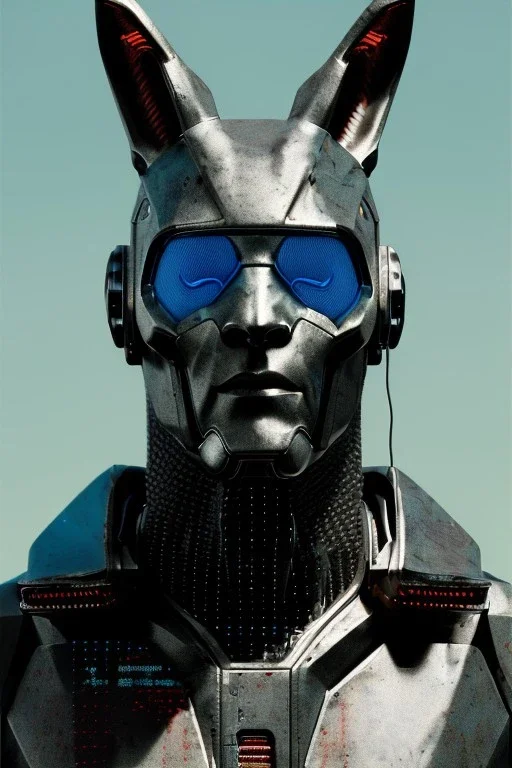 Medium Close Up Portrait, Front image. cyborg, cyberpunk, rabbit mask, strong man, short hair and beard. Carbon suit army. Red, blue, color. camouflage style. Neon, Color background, photo studio. highly detailed, concept art, smooth, unreal engine 5, ray tracing, RTX, lumen lighting, ultra detail, volumetric lighting, 3d, finely drawn, high definition, high resolution.