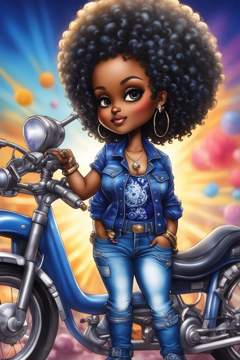 create an airbrush illustration of a chibi cartoon voluptuous black female wearing a blue jean outfit with a tie dye tshirt with biker boots. Prominent make up with hazel eyes. Extremely highly detail of a tight curly black and shiny afro. Background of a bike show