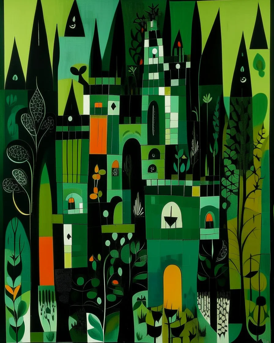 A dark green fairy castle painted by Stuart Davis