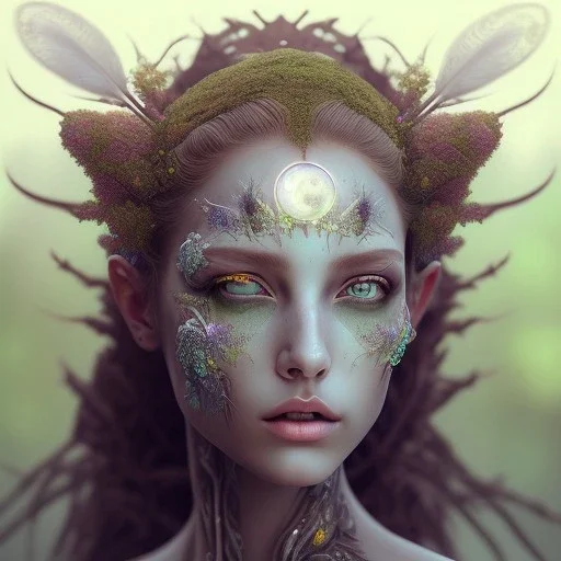 Portrait of beautiful girl, face dept of field,face shining, plant, metal, feathers,central weight average, CWA Dryad, fae, sidhe, ominous, nature, plants, wildflower sparkle,wildflower 3d view, facepaint, dnd character portrait, intricate, oil on canvas, masterpiece, expert, insanely detailed, 4k resolution, retroanime style, cute big circular reflective eyes, cinematic smooth, intricate detail , soft smooth lighting, soft pastel colors, painted Renaissance style,sharp fucus, bokeh,macro lens,