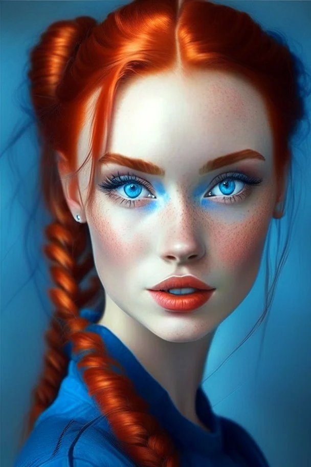 girl with red hair in two ponytails, blue eyes, makeup on her face, flirty look, blue shirt