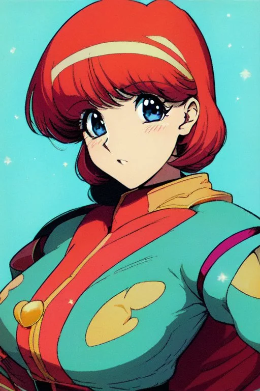 1girl, retro anime, 80's, redhead,Portrait of beautiful woman, sparkling dark blue eyes,