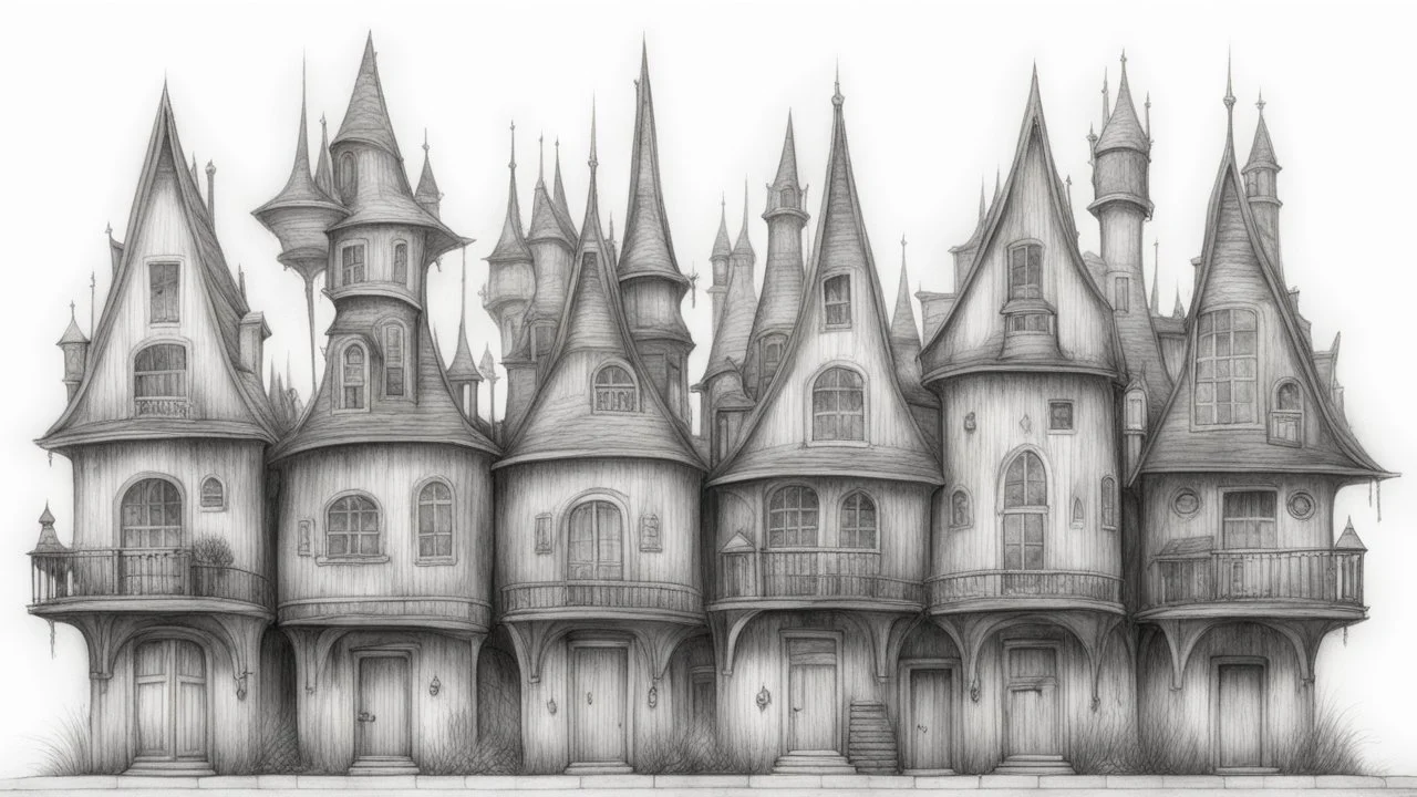 A technical front view pencil drawing of a row of neglected tall, narrow fantasy houses of different heights.