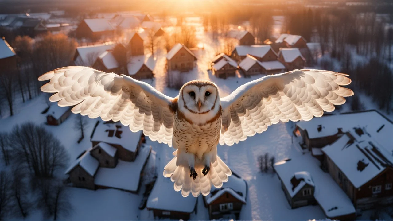 angel's view back to the camera a barn owl flying over a small winter village, snowy landscape, little light, sunrise, some small Hungarian old country houses from above, perspective, high detailed, sharp focuses, photorealistic, cinematic