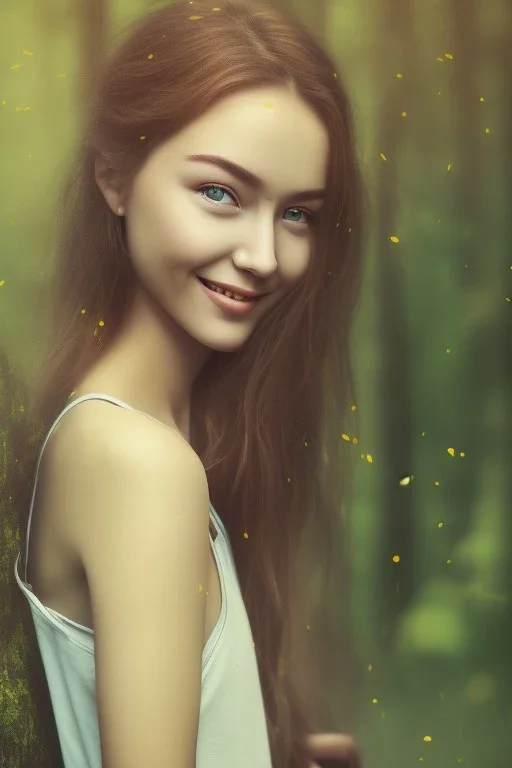 Beautiful smile of feminine girl in the forest in the 9AM in the morning ín 24K Resolutions, super HD, Professional PHOTOGRAPHY