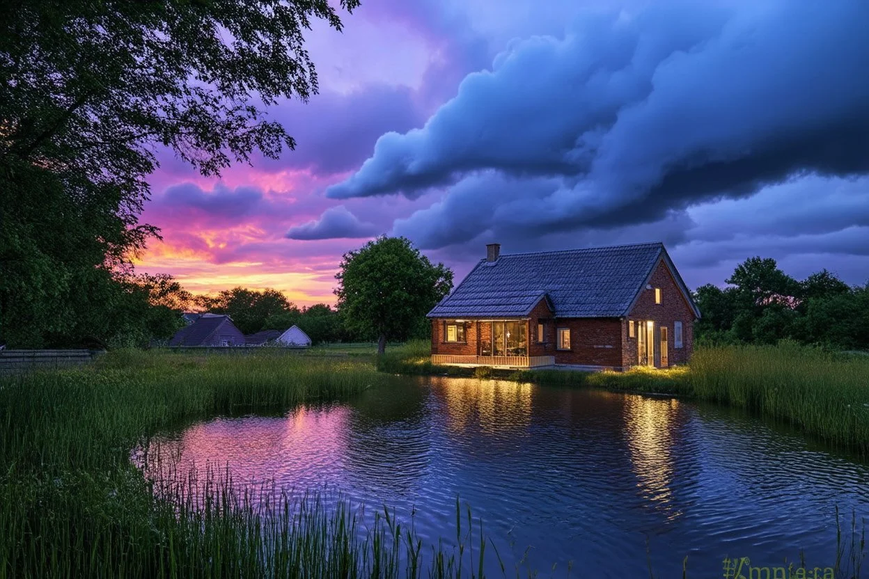 small pond beside the beautiful small house, stunning sunset,early evening, wild clouds,ultradetailed, insane resolution,,8k, hdr