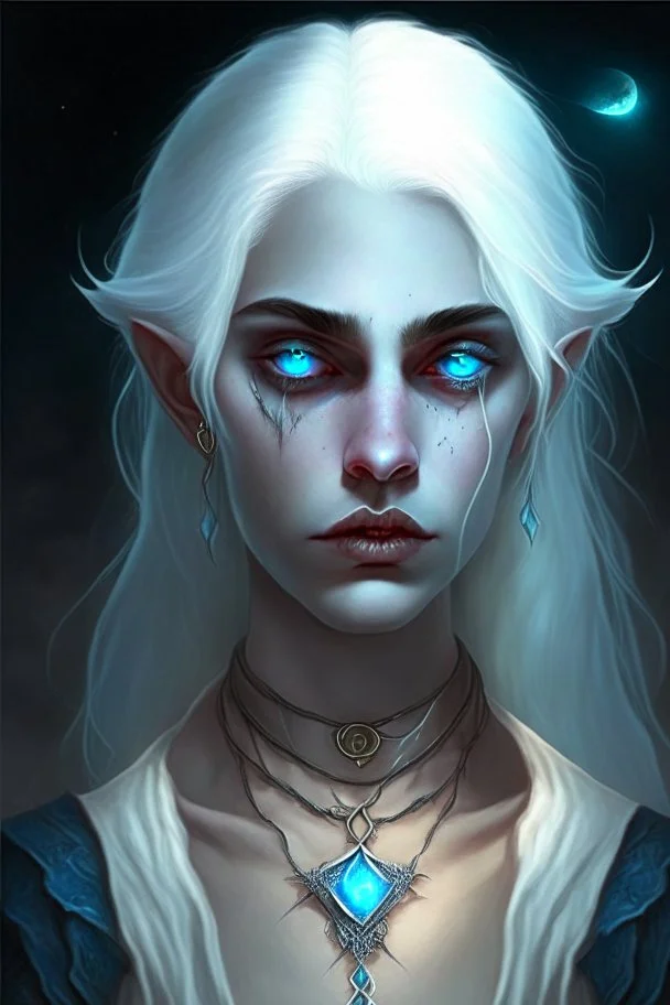 hauntingly beautiful character for dnd, young woman with white hair and blue eyes, angel, with moon necklace, vampire bite