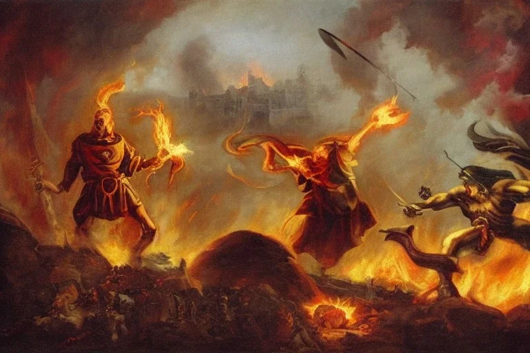 Priest smites demon with fire, armies battling in the background, romanticism.