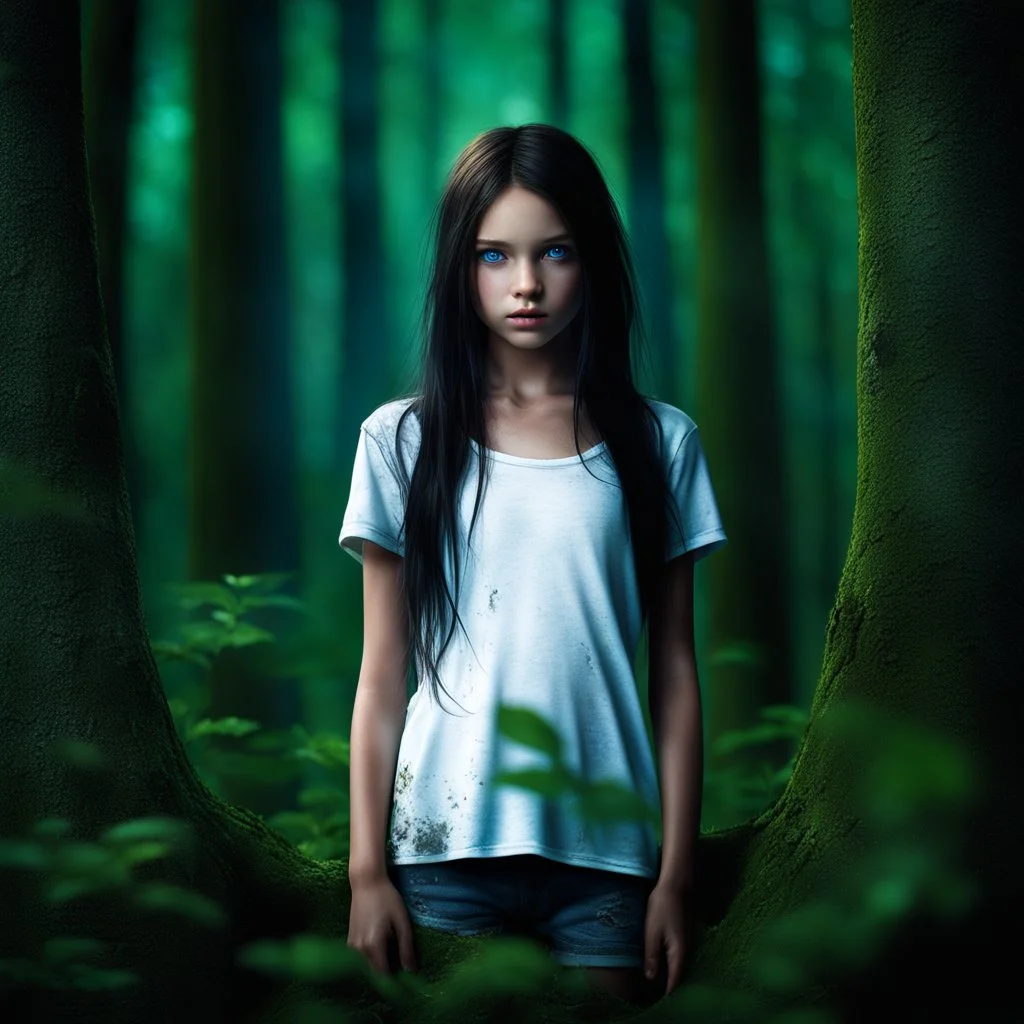 thin 12 year old girl with dark tangled hair and blue eyes wearing a ripped and dirty white teeshirt, in a forest , photorealistic, dark fantasy