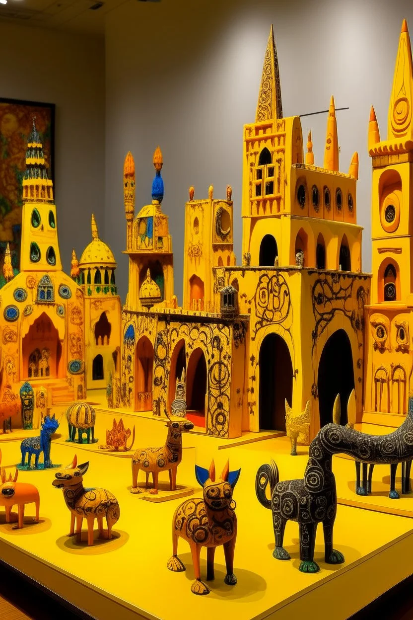 A yellow electrical city designed in Oaxacan Alebrijes painted by Clyfford Still