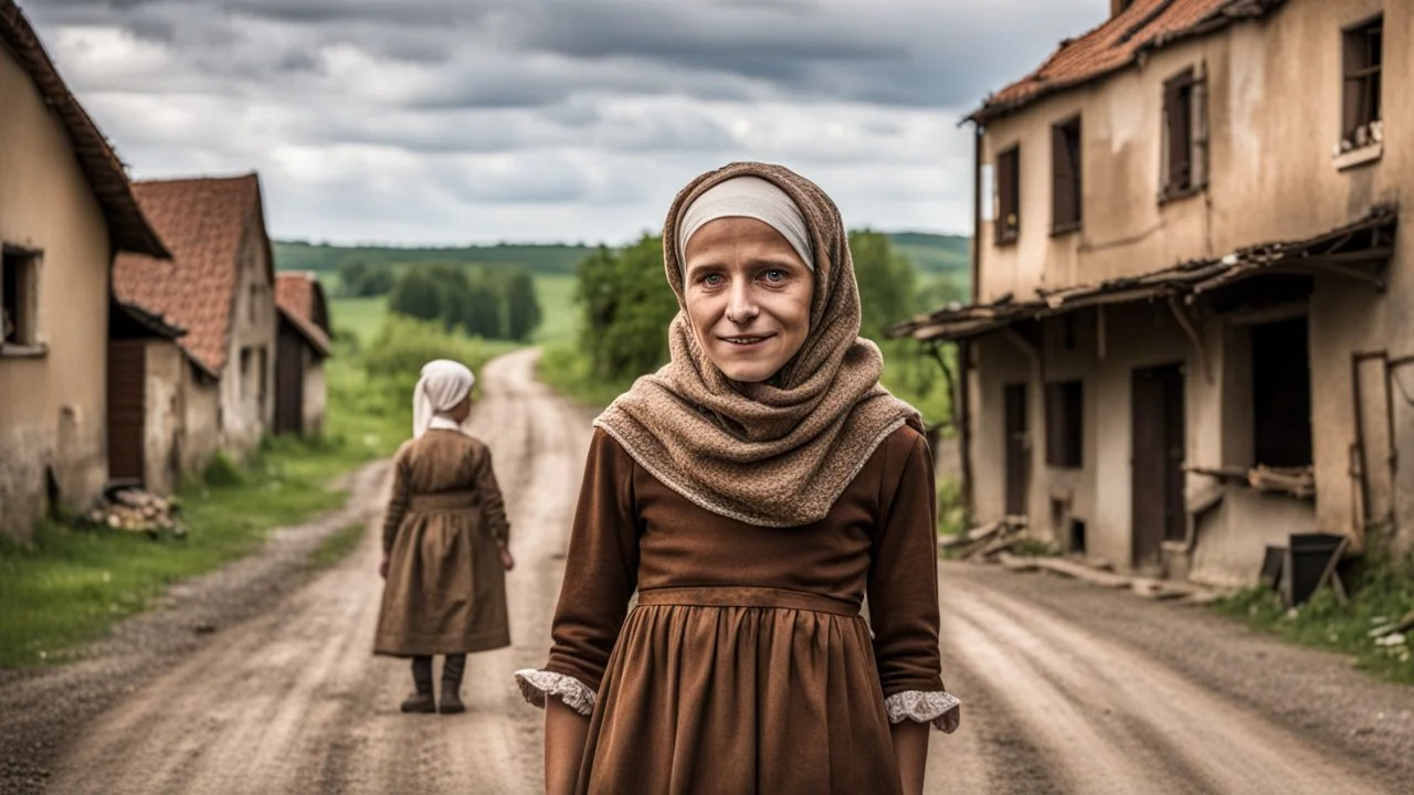 back to the camera in front stands a sad dark blonde young married woman in old hungarian brown villager clochts and headscarf stands on the villager old road and looks some playing happy villager children, sad, dramatic vibe, in background blur old poor house, detalied, sharp focus, high realistic