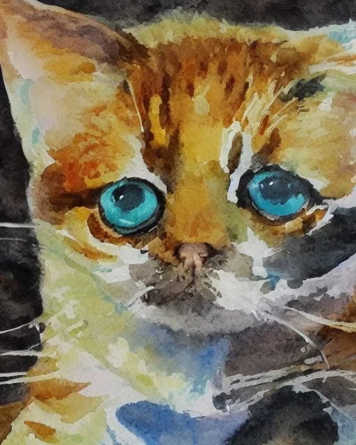 watercolor painting, cat, happy, bright color,