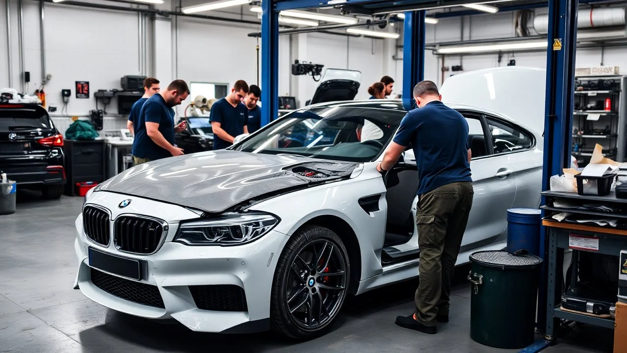 A car repair shop where several people are repairing a BMW M6 series.