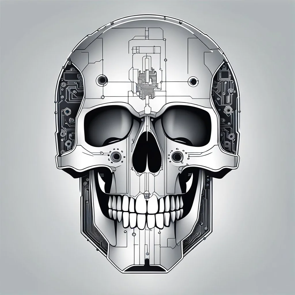 FLAT VECTOR LAYERED IMAGE OF CYBERNETIC SKULL PARTS IN A SCHEMATIC, BLACK AND WHITE, AUTOCAD, FINE LINE BLUEPRINT,