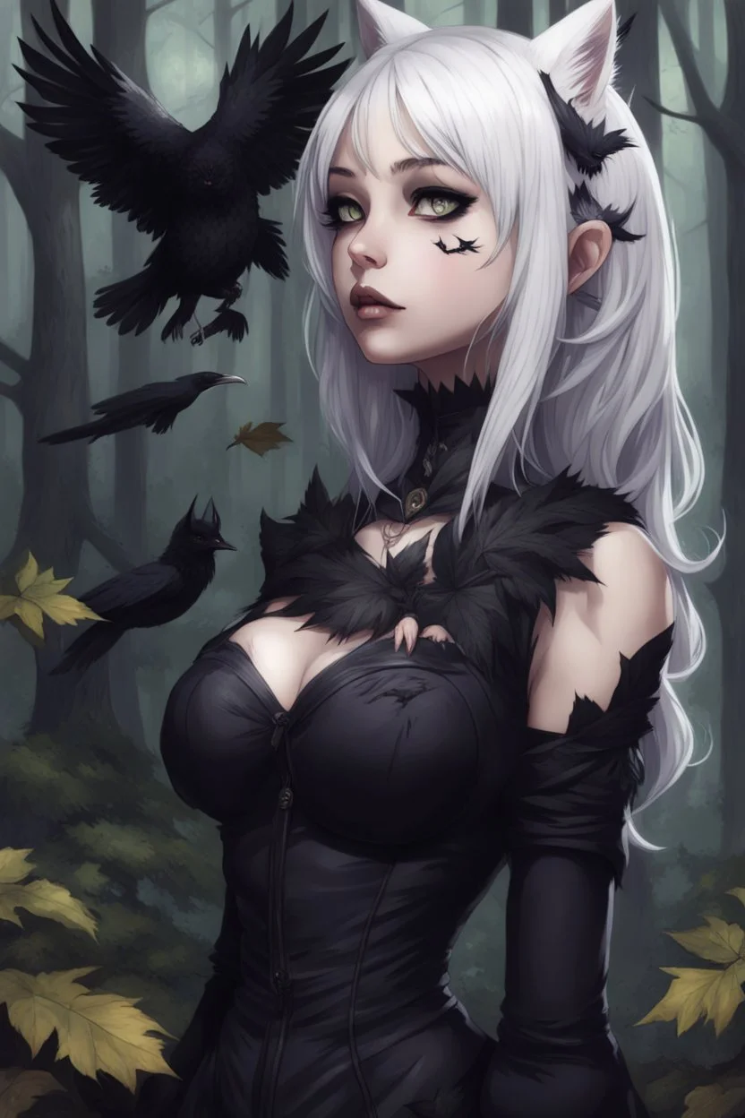 CAT GIRL, goth, forest, nature, cartoon, leaves, half black half white hair, boobs, ravens