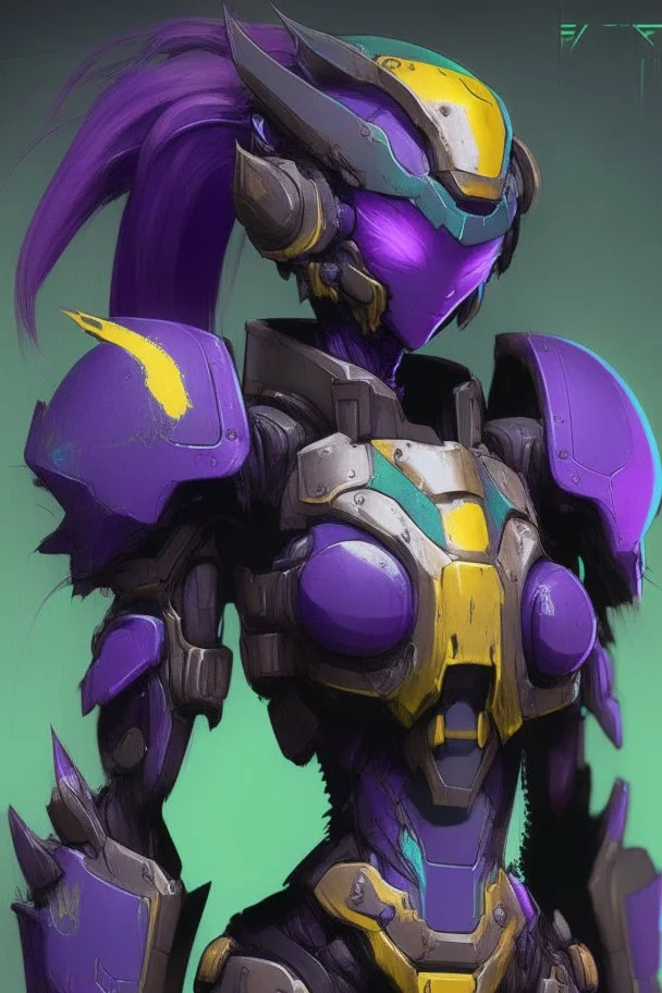 One Genderless Cyborg made of old rusted metal, has a human like face with a really long violet ponytail, the armor is similar to Zero from Megaman. The color palatte of the armour is deep purple and yellow. They have Turquoise colured eyes. The Background is dark grey.