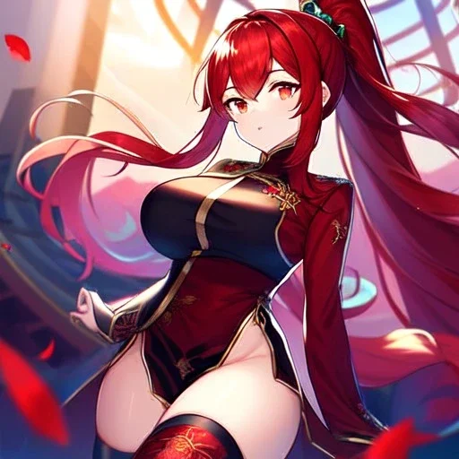 girl, masterpiece, best quality, volumetric lighting, detailed outfit, perfect eyes, red hair, red eyes, long hair, thigh highs, ponytail, chinese clothes,