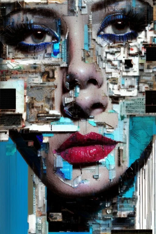 Ultra detailed medium portrait painting of a beautiful woman, she is crying and upset, masking tape on her mouth, blue brushed eye, torn up collage of clippings, broken circuitry background, matrix effects, punk visual art, punk art aesthetic, graffiti art, pop surrealism, collage art, cluttered paint glitches