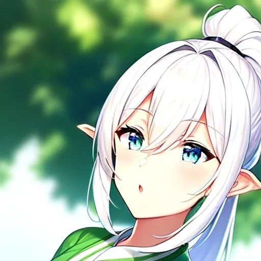 Clear focus, 8k, Elf, White hair, ponytail, hair in between the eyes, up close, Rumiko Takahashi style