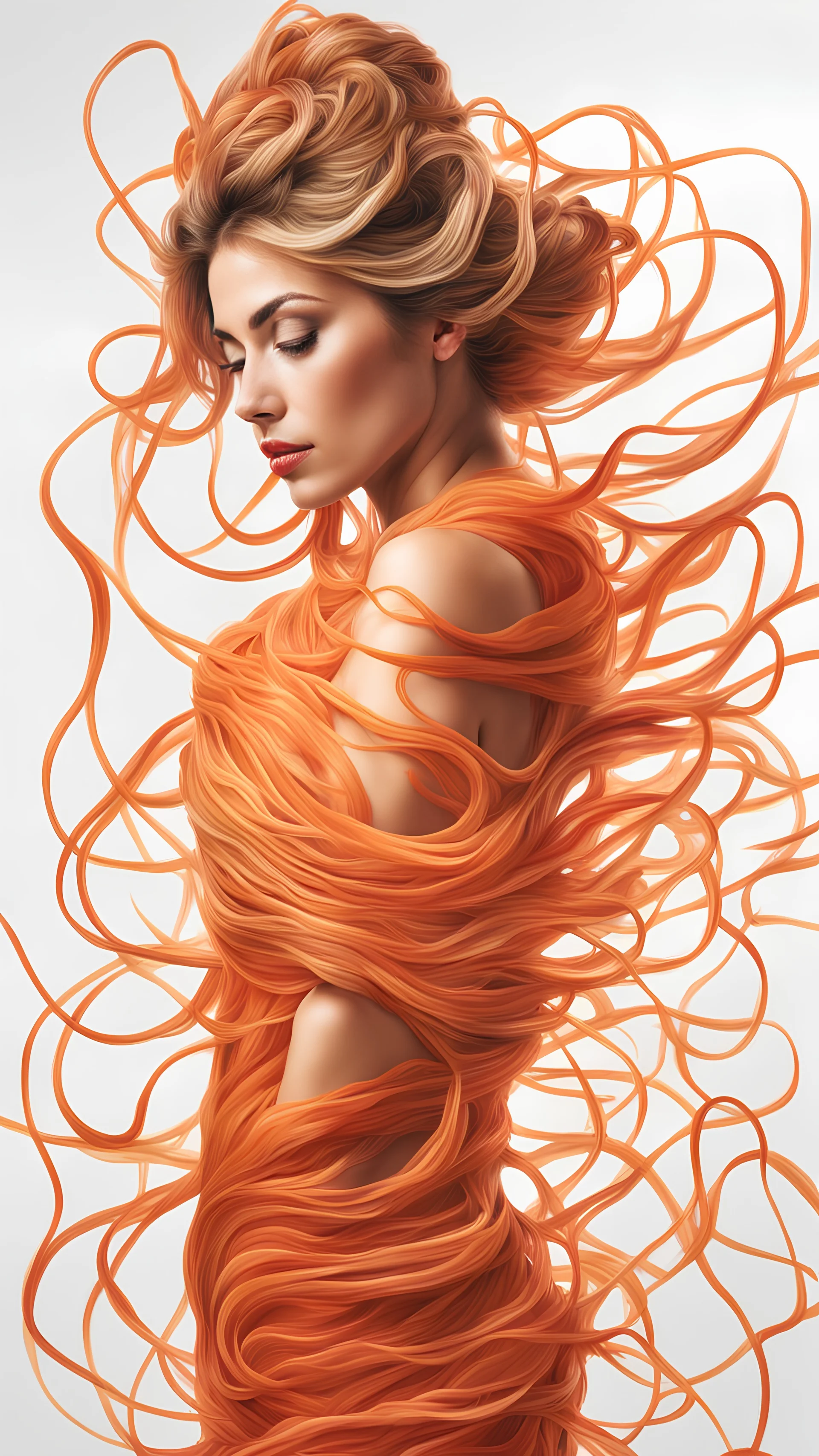 a half body portrait of a middle aged woman as made of spaghetti with tomato sauce, half body submerged in spaghetti, hair depicting as long spaghetti, natural body posture, Art by Alberto Seveso, symmetrical, abstract artstyle, intricate complex watercolor painting, sharp eyes, digital painting, color explosion, concept art, volumetric lighting,TanvirTamim, metallic reflections, 2d render, by artgem, trending on artstation, UHD, HDR raw photo, realistic, sharp focus, 8K high definition