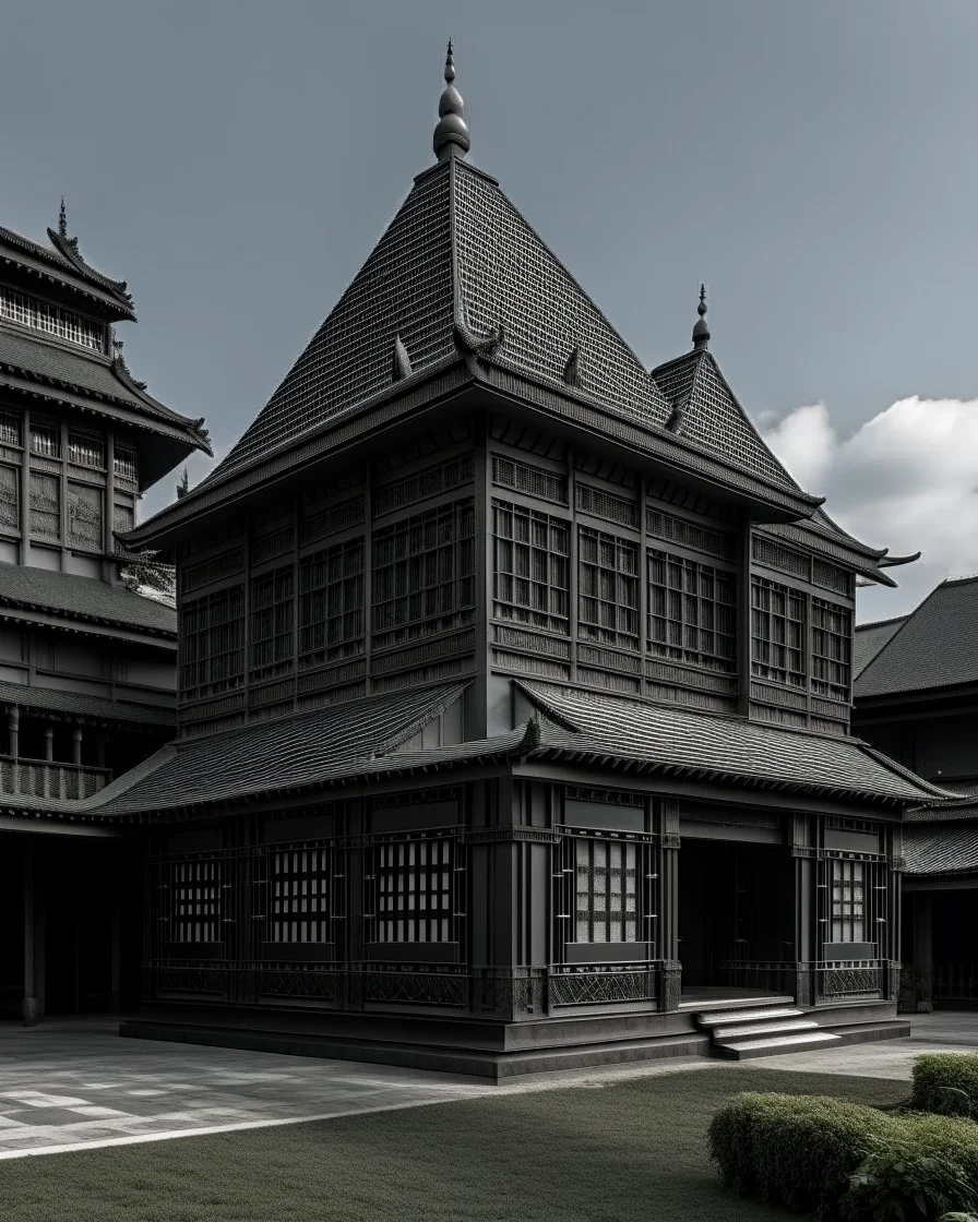 A dark gray monochrome factory designed in Javanese shadow puppets