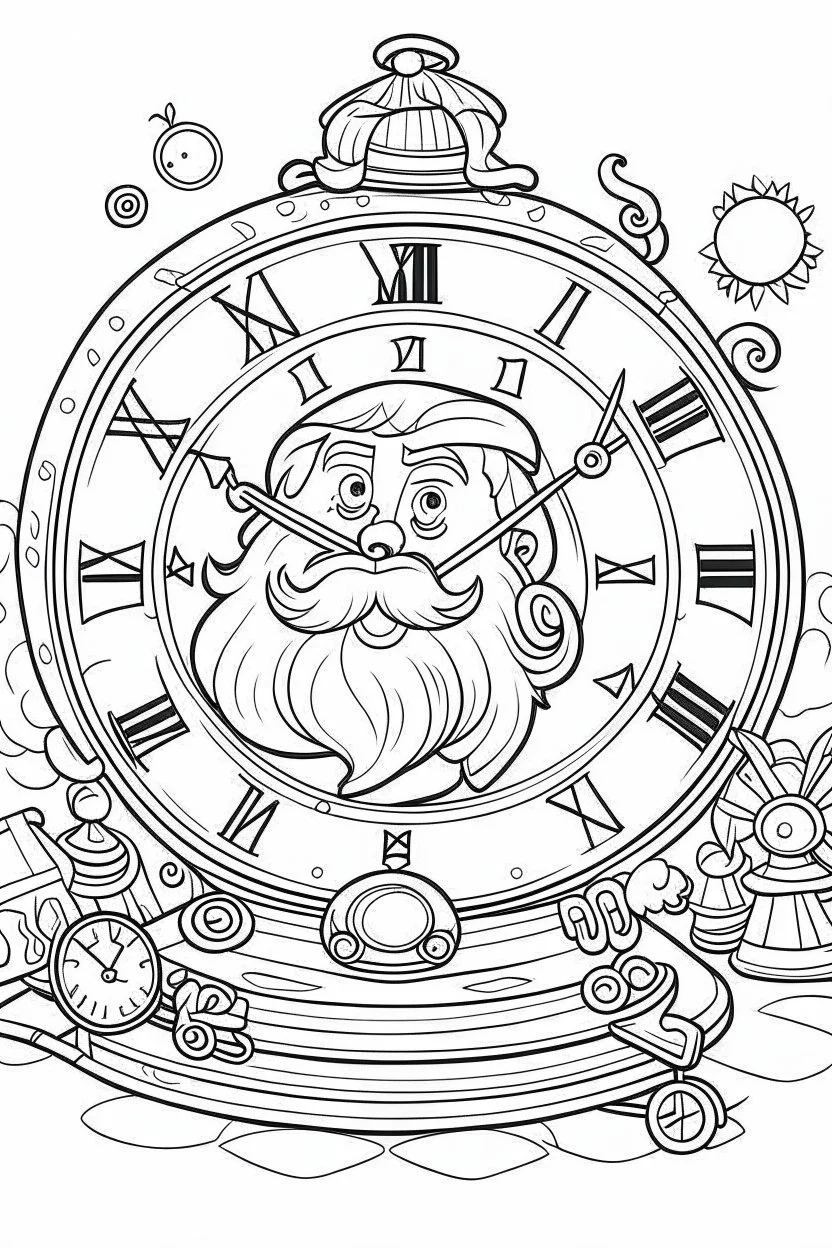 coloring page for kids, Santa clock, cartoon style, thick outline, low details, no shading, no color