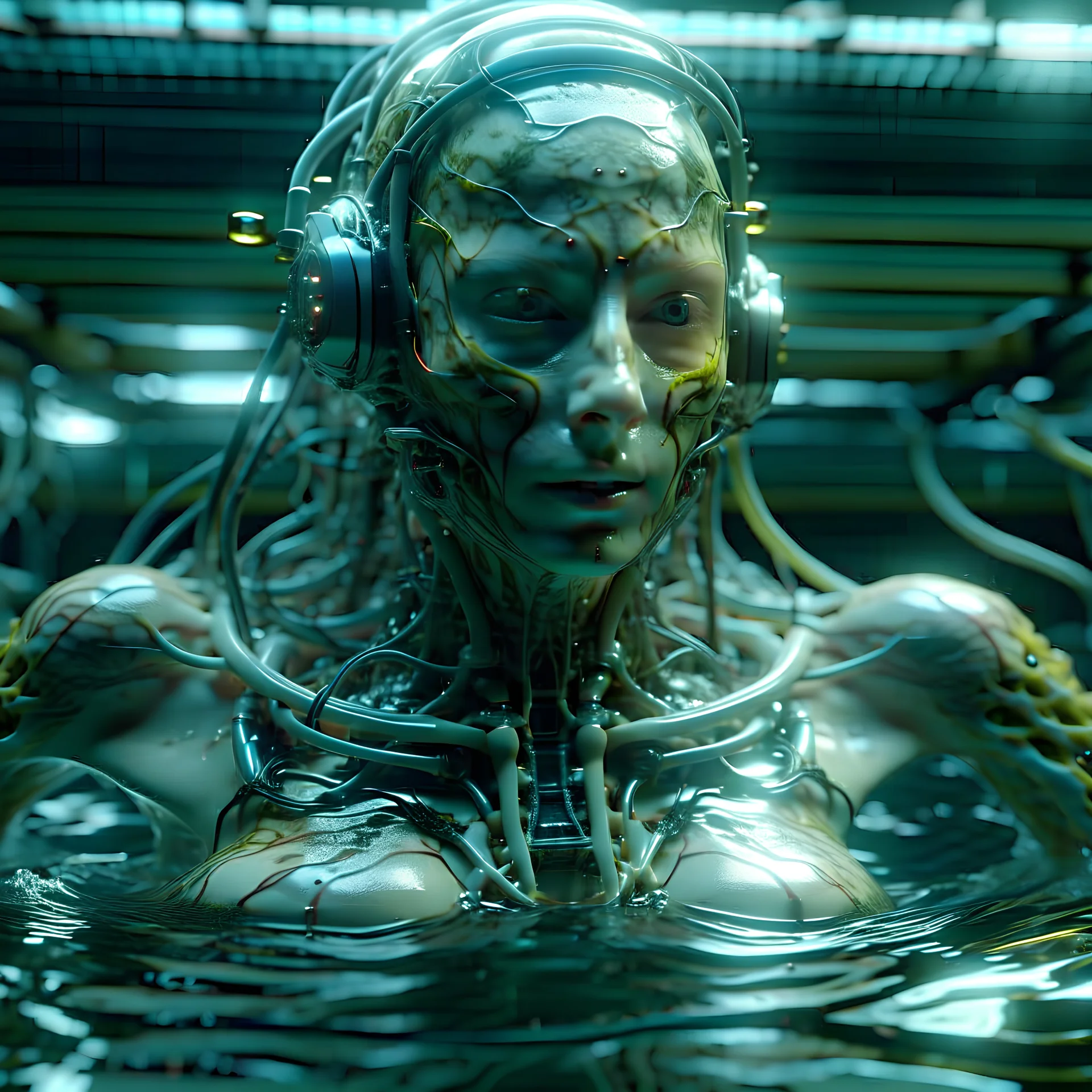 very realistic alien-cyborg-human hybrid woman swims in a pool under water, full body, ultra hd, 4k resolution, rendered well, hd texture, beautifull face, smiling face, biopunk, cable electric wires, microchip, anatomical, polished, porcelain, ultra detailed, ultra realistic, extremely realistic, intricate, photorealistic, epic composition, masterpiece, H.R.Giger style