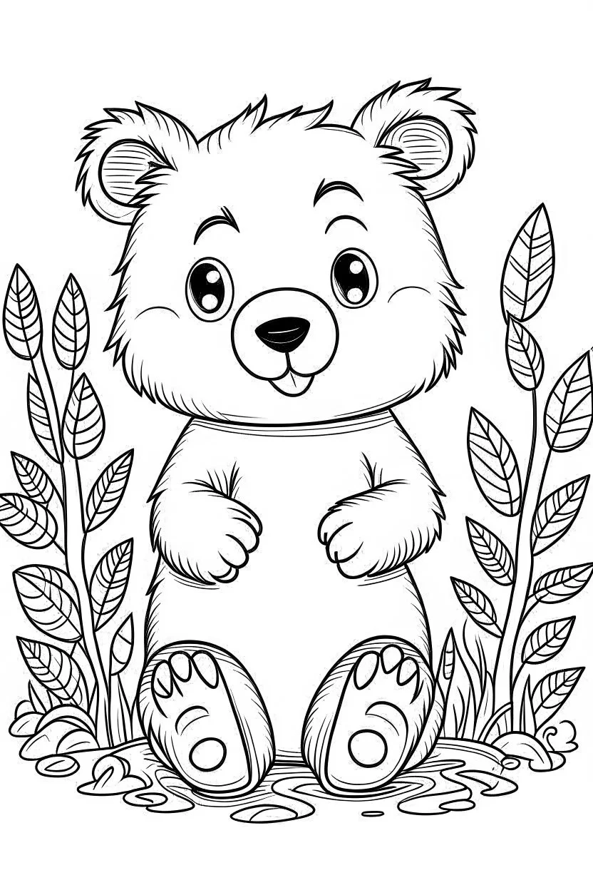 cute coloring page, sketch style, cute baby bear in the wood, cute cartoon, white and black, withe background, no shadows, outline.