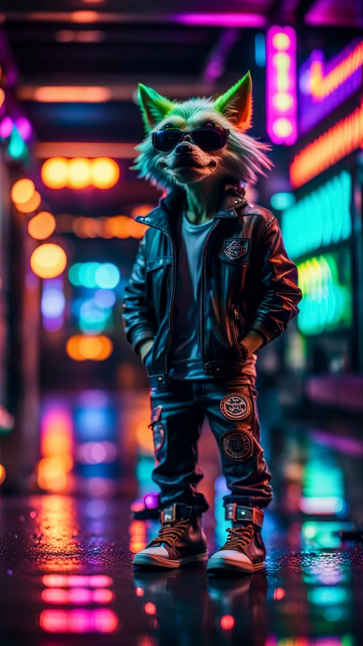 camera angle from feet, portrait of slick lord water wolf Gremlin myth buster pimp ninja yoga cyber punk in flying hipster lawn Harley Davidson parked in dark neon lit reflective wet arcade hall tunnel,bokeh like f/0.8, tilt-shift lens 8k, high detail, smooth render, down-light, unreal engine, prize winning