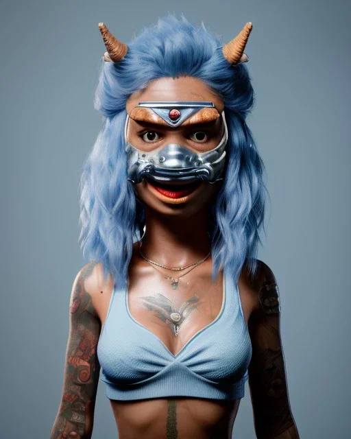 hybrid character, waitress sexy woman with monster muppet mask that covers her entire head, silver punk, short shirt, tray, yakuza tattoo, retro style, Sesame Street style, hot, smooth, unreal engine 5, god lights, ray tracing, RTX, lumen lighting, ultra detail, volumetric lighting, 3d.